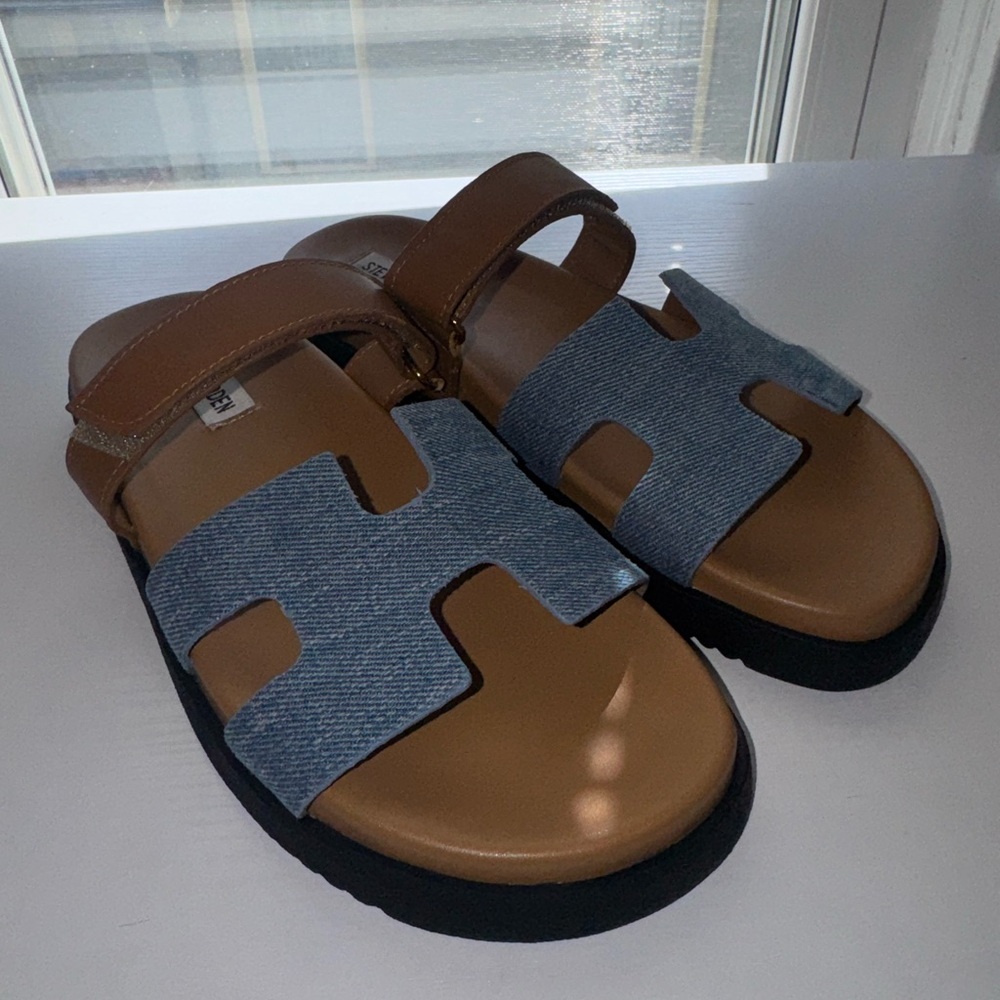 Steve Madden Brown Leather and Blue Denim Slide Sandals
